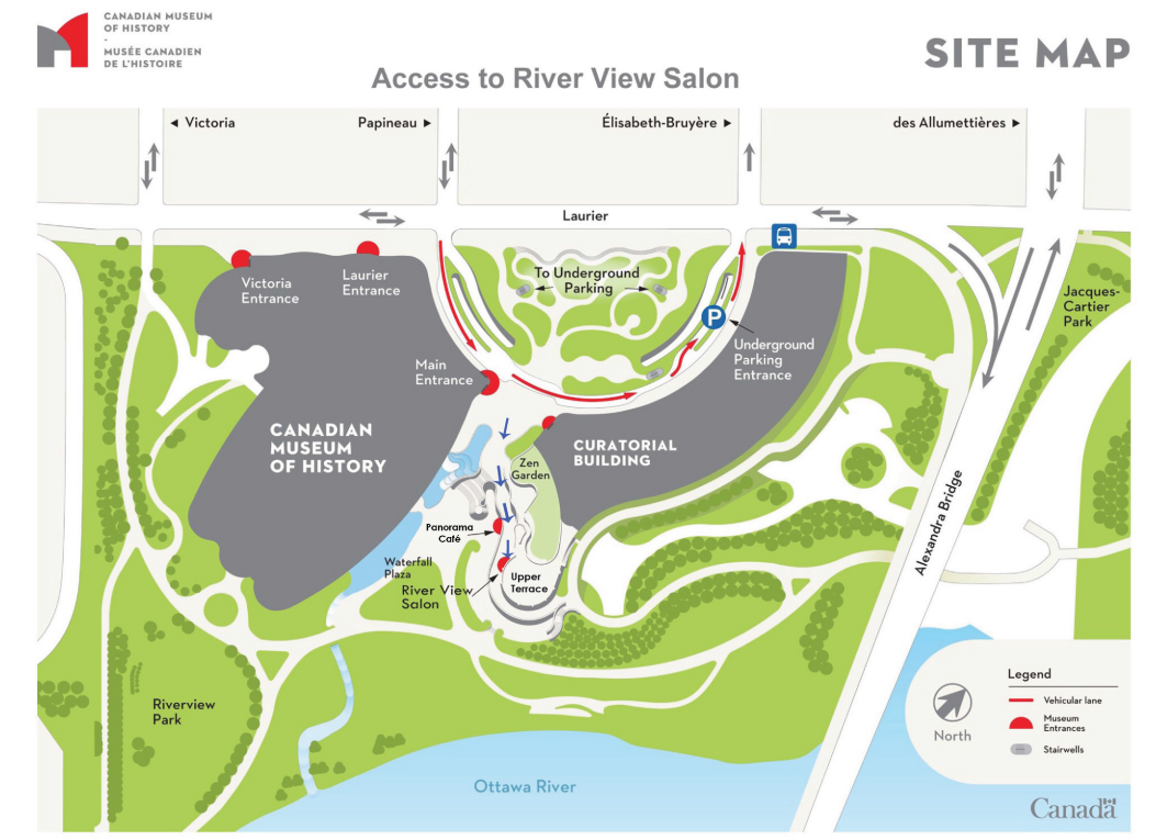 Site map of the Canadian Museum of History showing routes and entrances to the River View Salon
